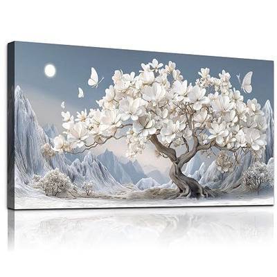 WLWBINTING Tree Of Life Wall Art,Abstract Wall Decor,Large Landscape Art Wall Decor,Nature Painting White Tree Pictures,For Living Room Bedroom Hallway Office Blue Gray Aesthetic Home Decor 40"X20"