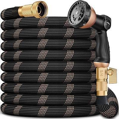 Garden Hose 50FT, Lightweight Flexible Water Hose, 5/8" Kink Free Leak Proof Hose, Heavy Duty 96-Layer Woven with 3/4" Brass Fittings, 10 Function Nozzle for Yard Lawn Outdoor Car Wash(BlackRosegold)