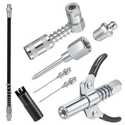 7PCS Grease Gun Fittings Kit - Grease Gun Coupler, 90 Degree Grease Gun Coupler Adapter, Grease Neddle Dispenser, 12" Grease Gun Hose, 2 Grease Gun Needle Nozzle Tips, Zerk Fitting Cleaner