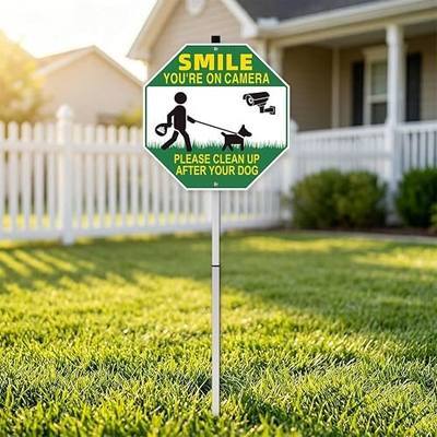 Clean Up After Your Dog Signs, 10x10 Inch/30 inch High – No Pooping Dog Signs for Yard, Smile Your on Camera, Pick Up After Your Dog Sign for Outdoor Lawn