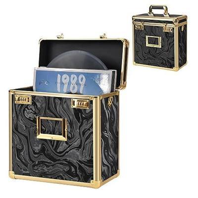 Vinyl Record Storage Case, Album Collection Organizer Box, Lockable LP Record Holder with Combination Lock, Holds 30+ Albums, Water Resistant Shell with Handle & Shoulder Strap, Black Gold