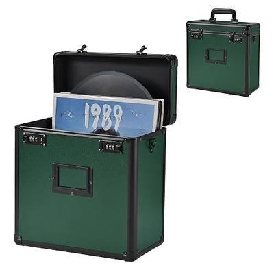 Vinyl Record Storage Case, Album Collection Organizer Box, Lockable LP Record Holder with Combination Lock, Holds 30+ Albums, Water Resistant Shell with Handle & Shoulder Strap, Black Green