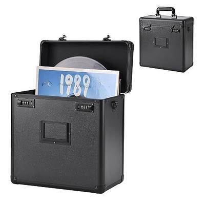 Vinyl Record Storage Case, Album Collection Organizer Box, Lockable LP Record Holder with Combination Lock, Holds 30+ Albums, Water Resistant Shell with Handle & Shoulder Strap, Black