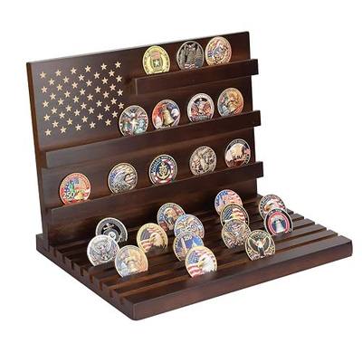 Challenge Coin Display,Military Challenge Coin Holder, Display Rack Solid Wood for Army Coin Collection,Solid Wood 12 Rows Holds 80 Coins, Deep Grooved Design,Coin Rack Display Military (Walnut)