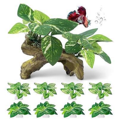 CousDUoBe 9 Pcs Fish Tank Decor,Silk Aquarium Plants Green Silk Leaf pad Hammock Artifical Driftwood cave Betta Fish Tank Accessories 6 x 3 x 4 inches(LxWxH)