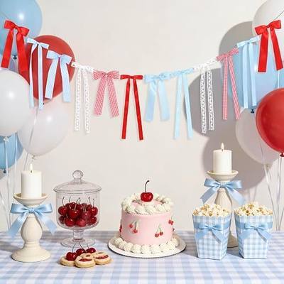 Cherry Blue Gingham Bow Garland, White Lace and Red Blue Gingham Bow Garland Plaid Ribbon Bows Banner Decor for Cherry Birthday, She's Ready to Pop Baby Shower, Cherry on Top Theme Party Decorations