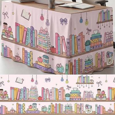 Breling 6ft Classroom Teacher Gifts Desk Skirt 72" x 30" Teacher Desk Skirt for Classroom Back to School Decoration Pastel Book Print Bookcase Cover for Teacher's Office Table Decor and Party Supplies