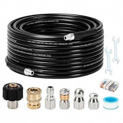 Sewer Jetter Kit for Pressure Washer, 50FT Drain Cleaning Hose with Corner Rotating and Button Nose Nozzles, 1/4" NPT Sewer Jet Nozzle Set with Spanner, Tape, Pins, 5800 PSI