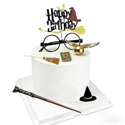 Wizard Theme Birthday Cake Topper Decoration Set with Wizard Glasses Wand Broom Wings Balls Hat Book Accessories for Party Supplies