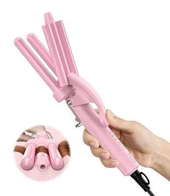 Farery Mini Hair Waver, 1/2 Inch 3 Barrel Curling Iron for Short Hair | 3 Adjustable Heat, Deep Mermaid Waves & Volume, Dual Voltage Travel Hair Crimper, 0.53 lb w/ pouch.Sakura Pink