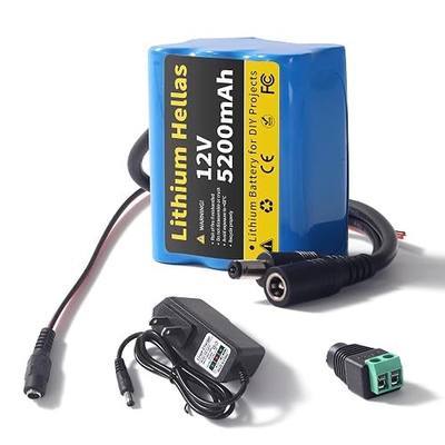 12V 5200mAh Lithium Battery for DIY Projects with 12.6V 1A Charger, 1 Pack | 5.2Ah High-Capacity, Rechargeable Cells, 800+ Long Cycle Life, BMS Protection, Wide Compatibility with 12V Devices