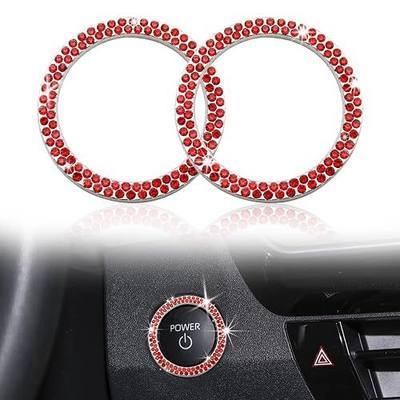 Sparkly Bling Car Engine Start Button Cover, Car Interior Decoration Ignition Button Cover, Rhinestone Crystal Push Start Stop Button Ring, Key Ignition Starter Bling Car Accessories (2 pcs Red)