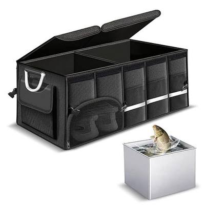 92L Large Collapsible Trunk SUV Organizer with Cover | 1680D Oxford Car Cargo Storage with Dividers, 4 Mesh Pockets, Reflective Strip, and Waterproof bag for Groceries and Wet Gear