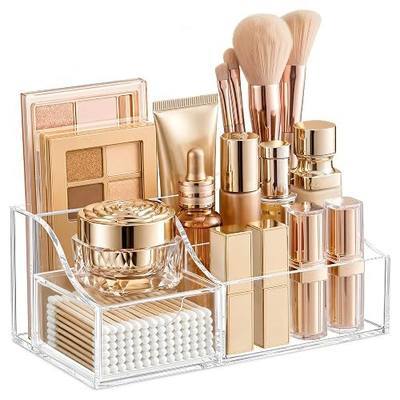 HBlife Makeup Organizer with Drawer – Cosmetic Storage for Vanity, Bathroom Countertop & Dresser, Skincare Organizer with Brush Holder, Beauty Display Case, Clear