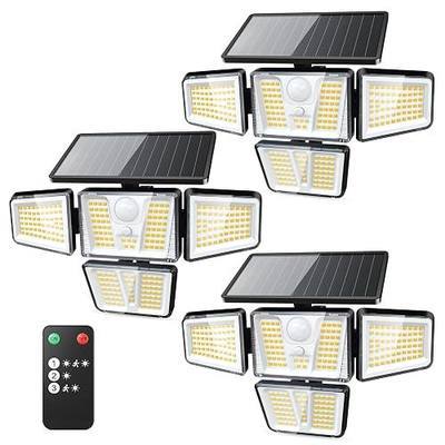 Solar Flood Lights, 3600LM 270° Motion Sensor Outdoor Lights-Remote | 4 Heads 3 Modes Solar Lights Outdoor, Glass Panel, IP65 Waterproof Outdoor Security Lights for Yard Patio Garage- 3Pack Black