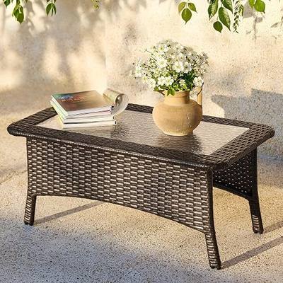Tribesigns Outdoor Patio Furniture Set of Coffee Table, 35.4" Patio Wicker Coffee Table with Tempered Glass Top, Handwoven Rattan Coffee Table for Conversation Sets, Poolside, Deck, Brown