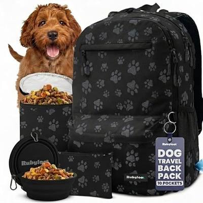 Rubyloo Dog Travel Backpack for Supplies - Dog Diaper Bag with Travel Bowls | 2 BPA-Free Bowls; Food Container & Treat Pouch; Placemat; Laptop Sleeve; Poop Bag Dispenser, Hiking, Camping & Road Trips,