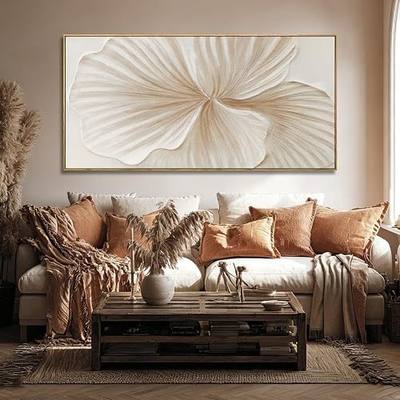 Framed White Floral Wall Art Hand Painted Textured Canvas Wall Art Modern Minimalist Abstract Flower Artwork for Living Room Bedroom Office 24x48 Inch