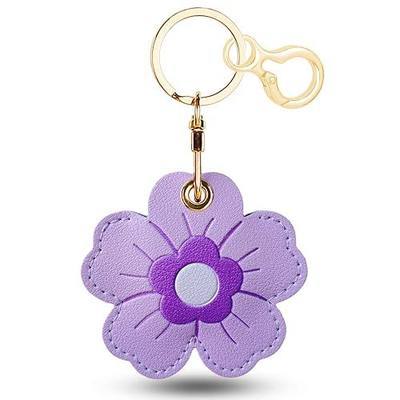 Leather Keychain Holder Compatible with AirTag, Cute Protective Cover Charm for Airtag with Keychain,GPS Tracker Case for Key(Flower)