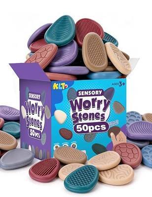 KLT Fidget Toys Bulk for Adults: 50 Pack Texture Worry Stone - Bulk Fidgets for Student Classroom Prizes - Quiet Stress Toys for Autism Calming - Goodie Bags Stuffers for Gifts Office