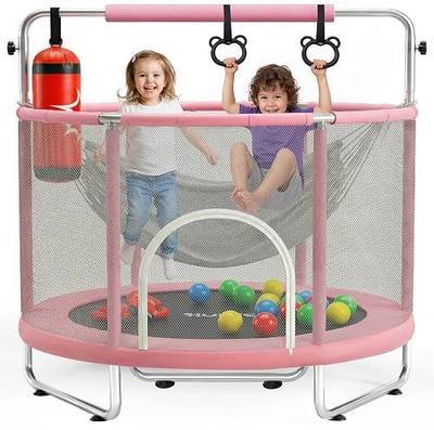 Hurtle 55" Trampoline for Kids with Safety Enclosure - 440lbs Capacity Indoor/Outdoor Toddler Trampoline with Adjustable Gymnastics Bar, Swing, Boxing Bag & Rings - Birthday Toy Gift for Boys & Girls