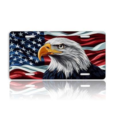 American Flag Front License Plate for Women Bald Eagle USA Flag Patriotic Car Vanity Plates Decorative Aluminum Metal Cute Novelty License Plate Cover for Men 6x12 Inch (4 Holes)