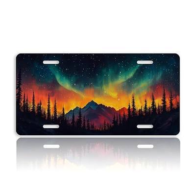 Aurora Front License Plate for Women Northern Lights Mountain Forest Night Sky Car Vanity Plates Decorative Aluminum Metal Cute Novelty License Plate Cover for Men 6x12 Inch (4 Holes)