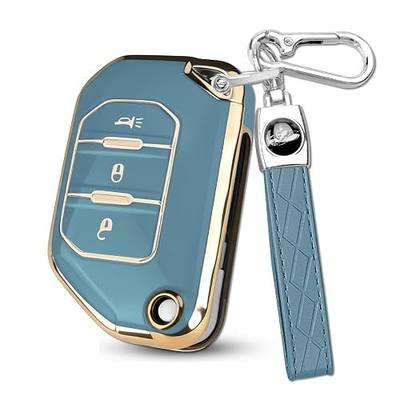for Jeep Key Fob Cover, Premium Soft TPU Full Protection Key Case, | Compatible with Wrangler JL JLU Rubicon Sahara Sport S 4xe, Gladiator JT 3 Button Flip Remote Smart Key Shell (G-Blue)