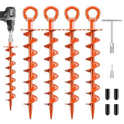 FEED GARDEN Ground Anchors Screw in Heavy Duty, 4 Pack 15 Inch Spiral Earth Anchors for Trampoline Anchors High Wind, Swing Set Anchors, Tent Stakes, Dog Tie Out & Canopy Stability, Orange, 4 Pack