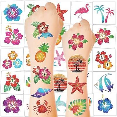 150 PCS Glitter Hawaiian Temporary Tattoos, 6 Pre-Cut Sheets of Hawaiian Party Decorations, Summer Accessories with Hibiscus Crab Designs, Palm Tree Decor for Women Men Flamingo Party Favors
