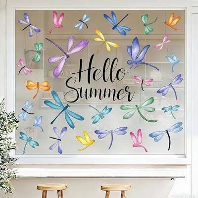 JOICEE 6 Sheets Spring Summer Window Clings Dragonfly Window Stickers | Removable Anti-Collision Hello Summer Watercolor Dragonfly Window Clings Decals for Classroom School Home Office Glass Decor