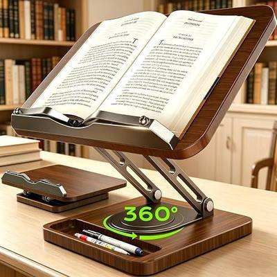 LOXP Book Stand with Storage, 360° Rotating Cookbook Stand, Ergonomic | Adjustable height angle,Hands-free, anti-slip base, Elastic Page Clips for Laptop Tablet, Foldable for Kitchen School