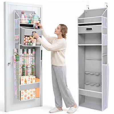Ordovibe Wrapping Paper Storage Organizer, Over The Door Gift Wrap Holder with Removable Drawer & Side Mesh Pockets – Space Saving Closet Organizer for Christmas, Halloween, Birthday Rolls Supplies Gray