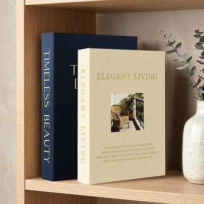 AKONEGE Set of 2 Linen Decorative Books with Hidden Storage for Home Decor | Faux Books for Decoration, Aesthetic Fake Book Storage Box for Bookshelf and Coffee Table Decor, Dark Blue & Beige