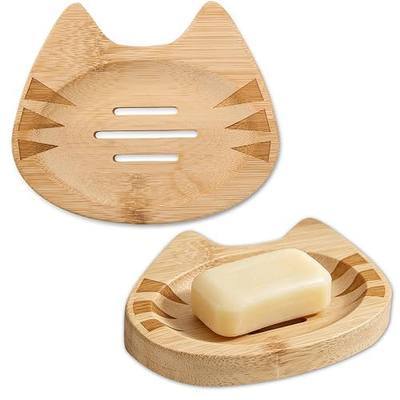 Bamboo Soap Dish Self Draining for Shower - Cute Cat Bamboo Soap Tray Holder Saver with Drainage, Natural Waterproof Decorative Tray for Bathroom, Kitchen, Sponges, Bath Tub, Shower, Sink - 1 Pack