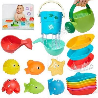 16PCS Baby Bath Toys for Kids Ages 1-3, Mold Free No Hole Bath Toy Set, Easy Clean Bathtub Pool Water Table Toys for 1 2 3 Year Old, Floating Boats Bucket Watering Can Bath Toys for Babies 12+ Months