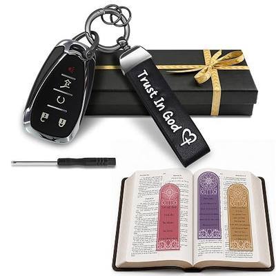 Christian Keychain with Cross Heart, Car Key Ring, Trust In God, Black | Faux leather key organizer with cross-heart design, gunmetal key ring, clip and swivel for car keys, house keys and key fobs