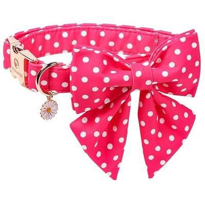 Pink Dog Collar for Girl Dogs, Spring Summer Pink Dots Dog Collar with Bowtie- Adjustable Female Sailor Bow Dog Collar for Medium Dogs M