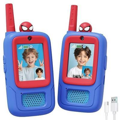 Video Walkie Talkies for Kids with Silicone Case, 2 Pack Rechargeable Long Range, Spider Toys for 3 4 5 6 7 8 Year Old Boys, for Camping Hiking Family Game, Birthday Gift Boys Girls Ages 3-8
