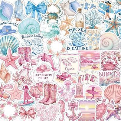 100 Pcs Beach Coastal Ocean Stickers Beachy Aesthetic Stickers | Coastal Granddaughter Sticker, Waterproof Vinyl, Blue Pink Pattern, Aesthetic Decals for Water Bottle Luggage Laptop Journal