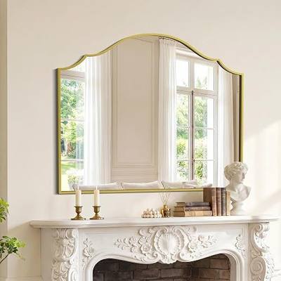 CILIBER Scalloped Arched Mirror, 36"x30" Gold Mantel Mirror with Metal Frame, Decorative Vintage Wall Mirror for Bathroom Vanity, Fireplace, Bedroom, Living Room and Entryway