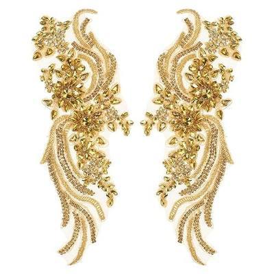 MECCANIXITY 1 Pair Handmade Rhinestone Applique Patch, 14" x 5" Beaded Embroidery Sequin Patches for Sew on Wedding Dress Cloth DIY Crafts Decoration, Gold