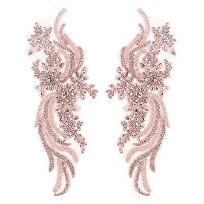 MECCANIXITY 1 Pair Handmade Rhinestone Applique Patch, 14" x 5" Beaded Embroidery Sequin Patches for Sew on Wedding Dress Cloth DIY Crafts Decoration, Pink