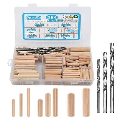 284pcs 8 Size Wood Dowels Kit 1/4" 5/16 " 3/8" Inch Wooden Dowel Pins Hardware Pins for Woodworking Furniture DIY Crafts with 1/4", 5/16" and 3/8" Drill bit