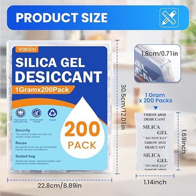 VOISEN 1 Gram 200Pcs Silica Gel Packets, Desiccant Packets for Storage | Premium Food Grade Desiccant, Transparent Desiccant, Premium Desiccant Packs for Food, Electronics, Closet