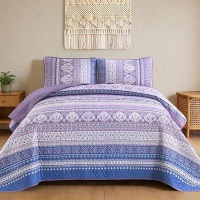 Goodidea Purple Quilt Queen Size, Soft Striped Quilt Bedding Set with 2 Pillow Shams, Lightweight Microfiber Coverlet for All Seasons Farmhouse Boho Bedspread 96" x 90"