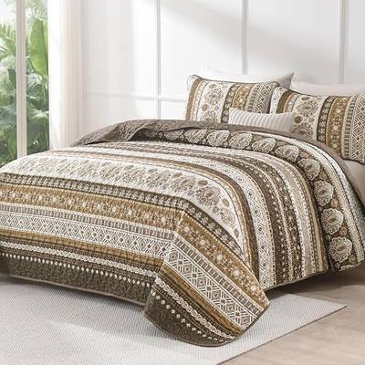 Goodidea Boho Quilt Set Queen Size, Brown Striped Bohemian Bedspread Coverlet Set for All Season, Lightweight Microfiber Taupe Quilt Bedding Set with 2 Pillow Shams for Women Men 96" x 90"