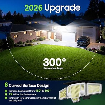 Solar Lights Outdoor Waterproof, 4000LM Solar Flood Lights -Dual Motion Sensor & Curved 300°Wide Beam, Larger 3500mAh, Adjustable Solar Security Lights for Yard-2Pack Black