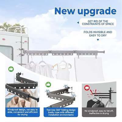 RV Clothes Drying Rack for RV, Camping Car and Various Environments | Extendable, rust resistant, portable, foldable, rotatable, easy install, fits multi environments