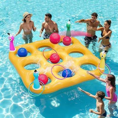 Flamingo Pool Toys Games Set, 2-in-1 Giant Inflatable Tic Tac Toe Float Game & Ring Toss Game with 10 Balls & 6 Rings, Outdoor Summer Fun Beach Yard Swimming Pool Games for Adults Teens Kids 6+